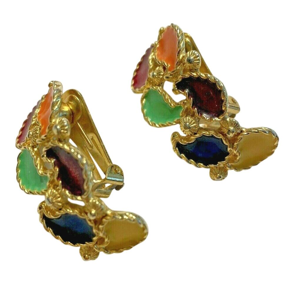 Vintage 80's clip on earrings chunky gold tone colorful enamel finish faux hoops